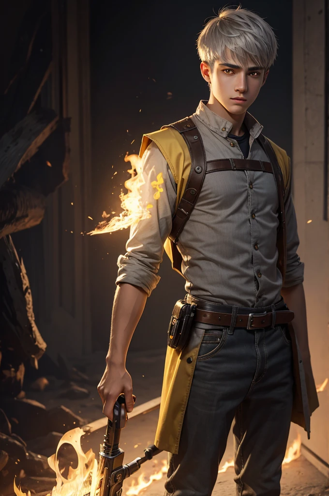 High detail, clarity, 8kk, young guy, 18 years old, light gray hair, short haircut, yellow eyes, standing on fire, realism, fantasy,