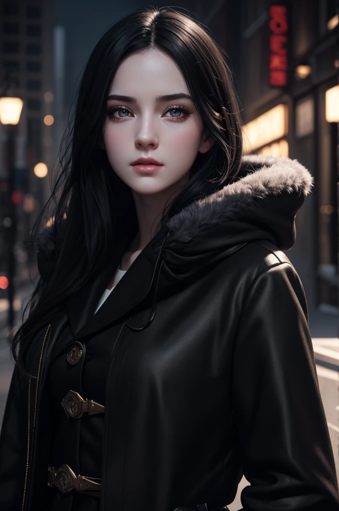 beautiful girl with realistic black eyes, pale skin, mid-length black hair, perfect face, perfect eyes, wearing coat, highly detailed, comprehensive cinematic, digital painting, 8k, cinematic lighting, best quality, highres, detailed work, post-processing, perfect result, hyper realistic