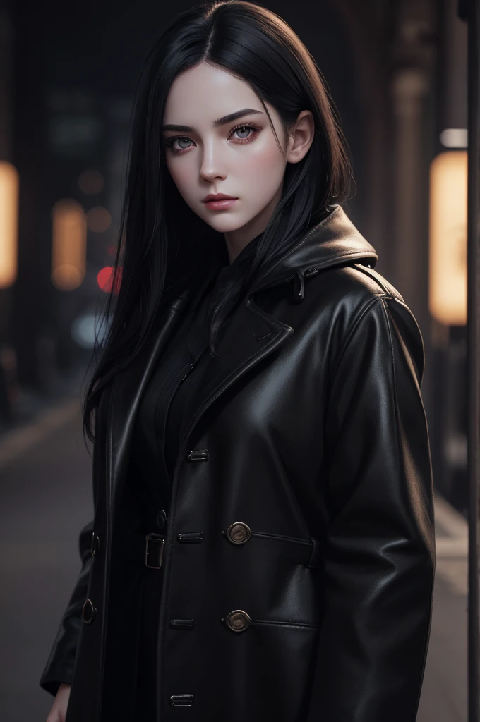 beautiful girl with realistic black eyes, pale skin, mid-length black hair, perfect face, perfect eyes, wearing coat, highly detailed, comprehensive cinematic, digital painting, 8k, cinematic lighting, best quality, highres, detailed work, post-processing, perfect result, hyper realistic
