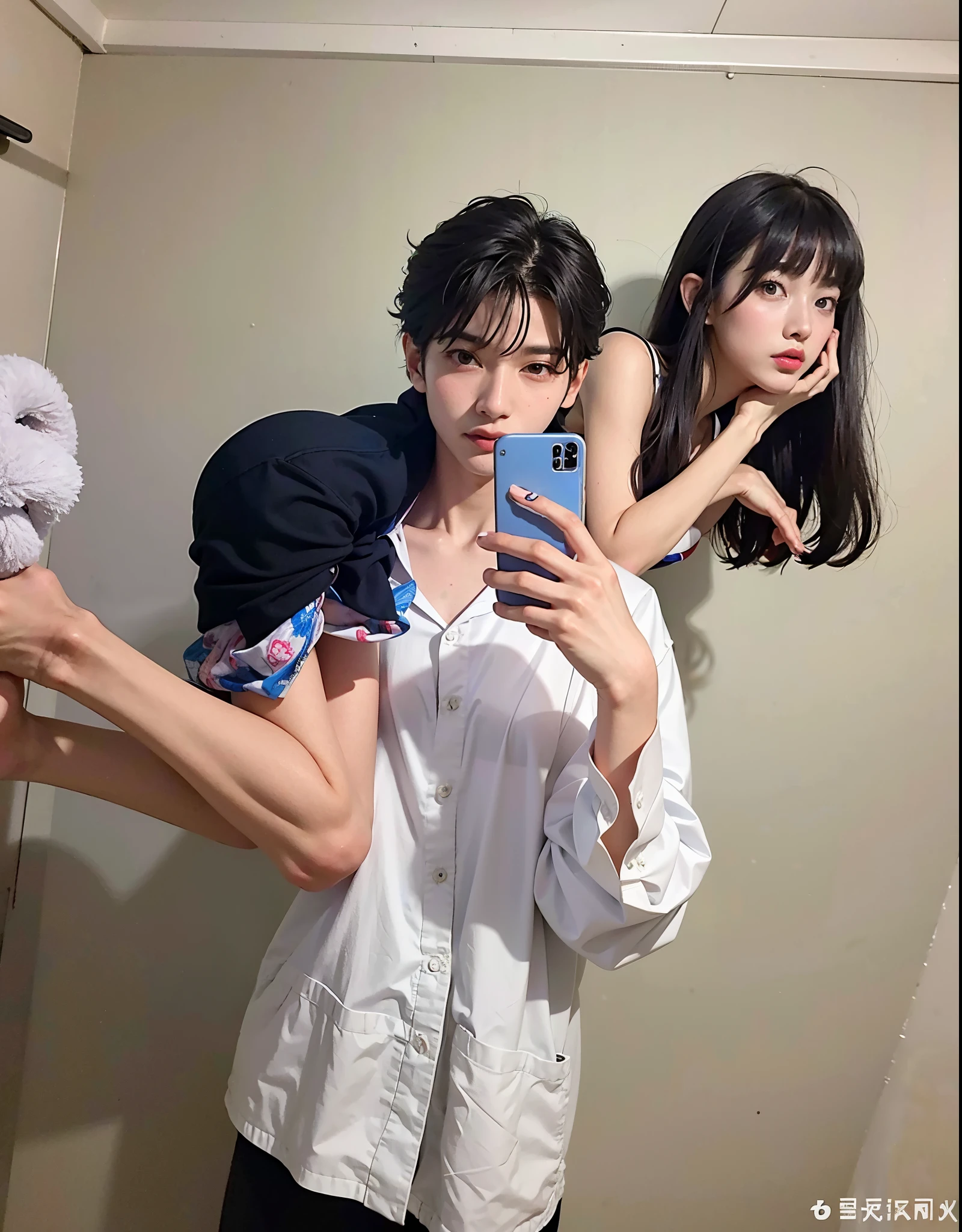 They are taking a selfie in the bathroom mirror, Cai Xukun, Pose de pareja, ulzzang, Jinyoung Shin, Pareja encantadora, selfie enamorado, Pose atractiva, Yanjun Chengt, Sha Xi, Nixeu y Sakimichan, Ruan Jia y Brom, Kim Doyoung, Xilaxia de cuerpo completo, photo session, foto de perfil