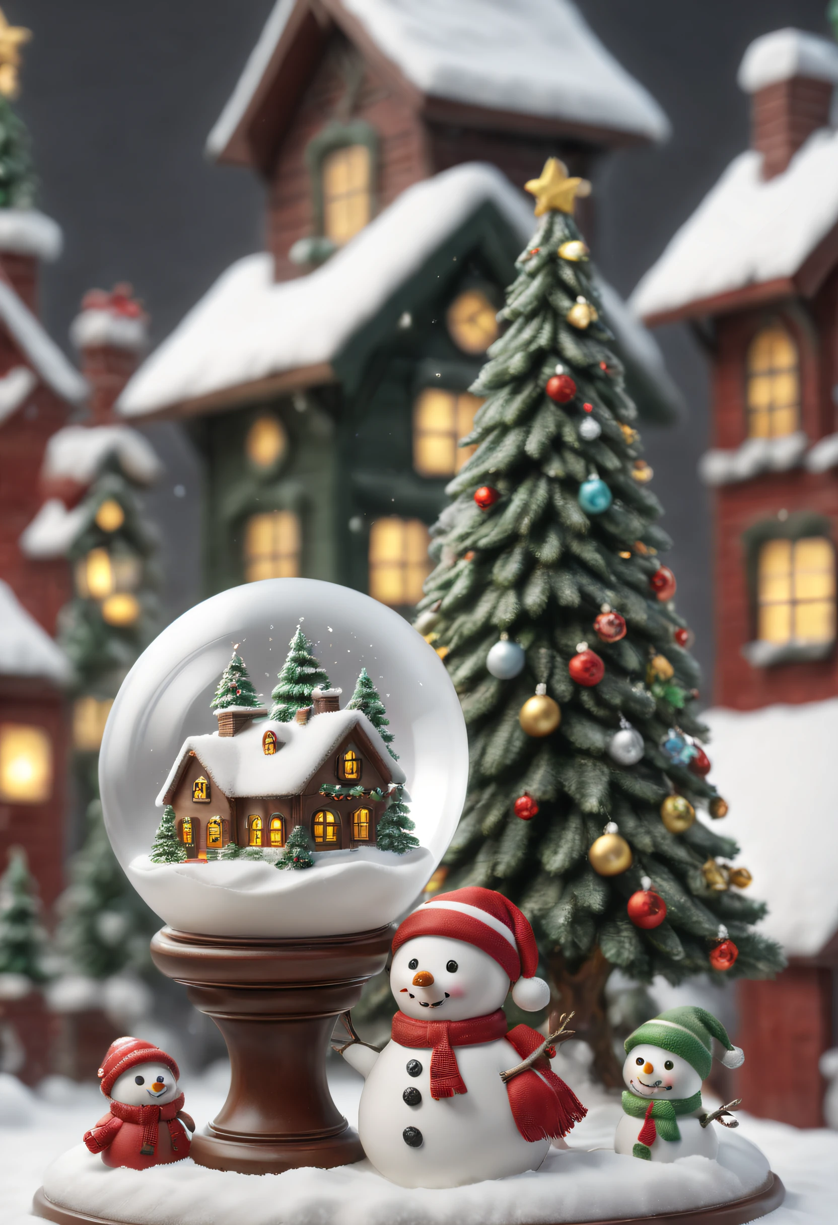 christmas, A crystal ball with a house, Christmas tree, yukito, clay material length, 3Drenderingof, Sparkling! Round, white backgrounid, Use light and color to achieve realism, soft gradient, Nintendo Trend, finest detail, k hd, A high resolution, hyper qualit, hyper HD, 8K, super detailing