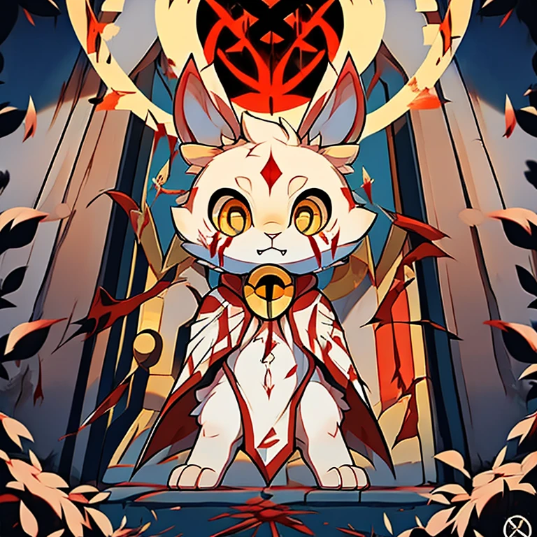 ( white bunny)  bowing to a narinder ( white cloak with golden that have symbols) ( the door symbol star on the front middle) ( golden eyes) ( covered in blood)