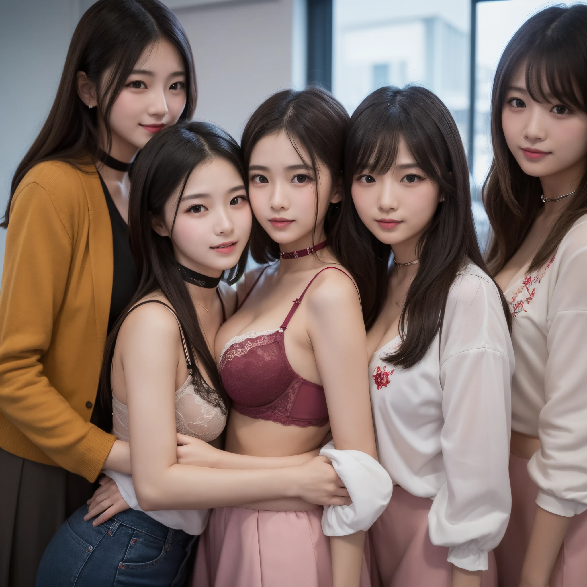 Highest quality photos、超A high resolution、8k wallpaper、Inside a high school classroom、Many beautiful girls wearing pale pink embroidered lingerie and ribbon chokers.、Lots of women、crowd、Everyone is hugging each other closely