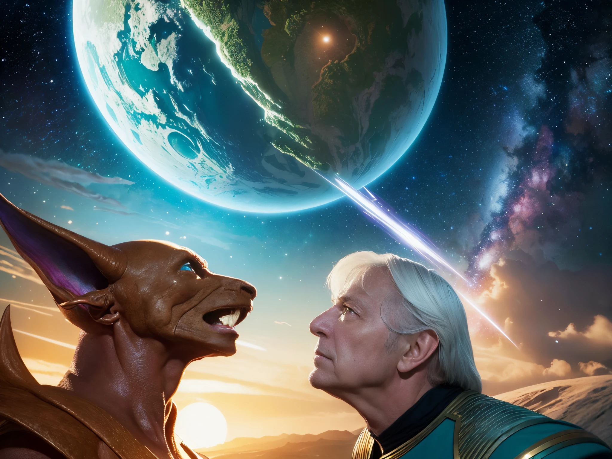 Transform the "Star Trek: The Next Generation" universe into a high-fantasy realm, complete with mythical creatures, enchanted planets, and epic quests. Look to fantasy artists like Roger Dean or Frank Frazetta.