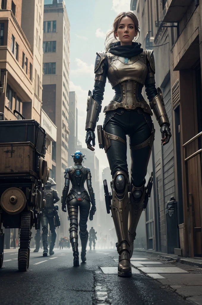 there are many robots walking down the street in this picture, eve ventrue, film still from the movie, smogpunk, army of robots, trending on 500px, inspired by Mirabello Cavalori, steampunk motorcycle, trending on artstattion, by Ryan Barger, widescreen shot, inspired by Tadeusz Pruszkówski