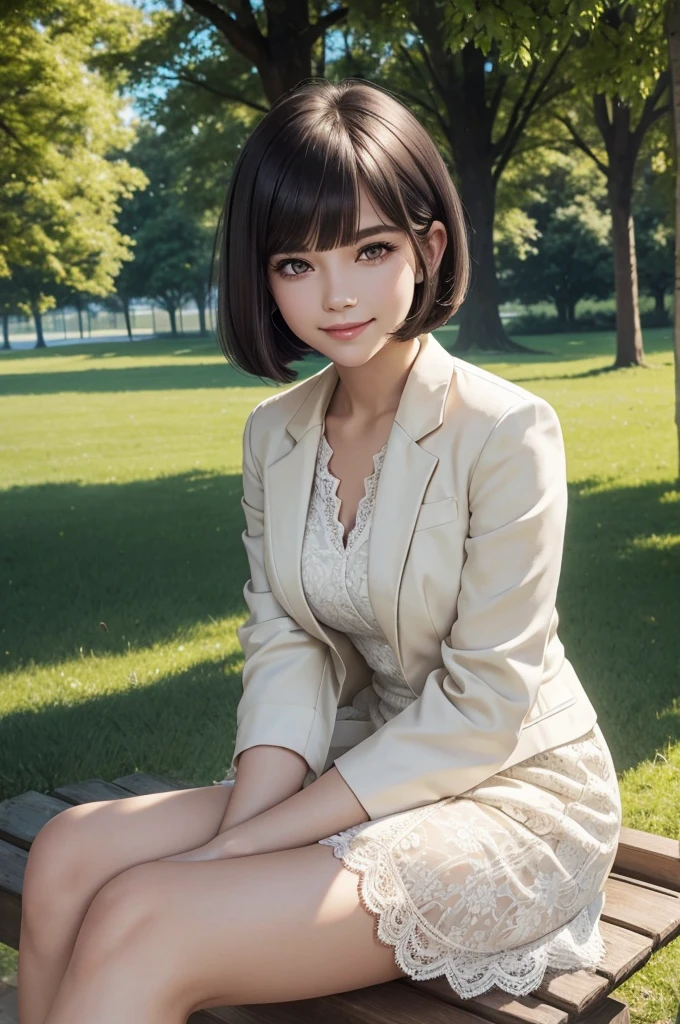 sunny day, graceful photo of a girl in a Blazer Dress, (puffy eyes:1.05), (white lace shirt), platinum brown hair, (angled bob:1.4), flat bangs, (flowing hair), smile slightly, happy, happiness, high detailed skin, skin pores, stunning innocent symmetry face, long eyelashes, black eyeliner, light golden eyeshadow,(sitting down on the banch), crossed_legs, emotional, wind, park, trees, grass, masterpiece, best quality, photorealistic,
