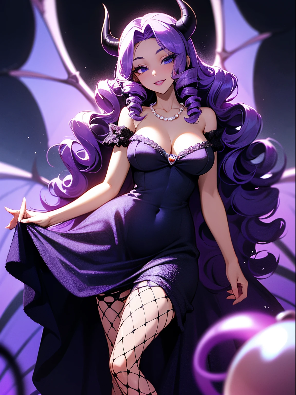 A beautiful and sexy woman with long wavy violet hair, drill curls, side-swept bangs, sharp blue eyes, light skin, smile, wearing a sparkly black dress, fishnet stockings and pearl necklace, there's two black devil horns on her head, and she also has a black devil tail and black demon wings, she's standing in the city at nighttime