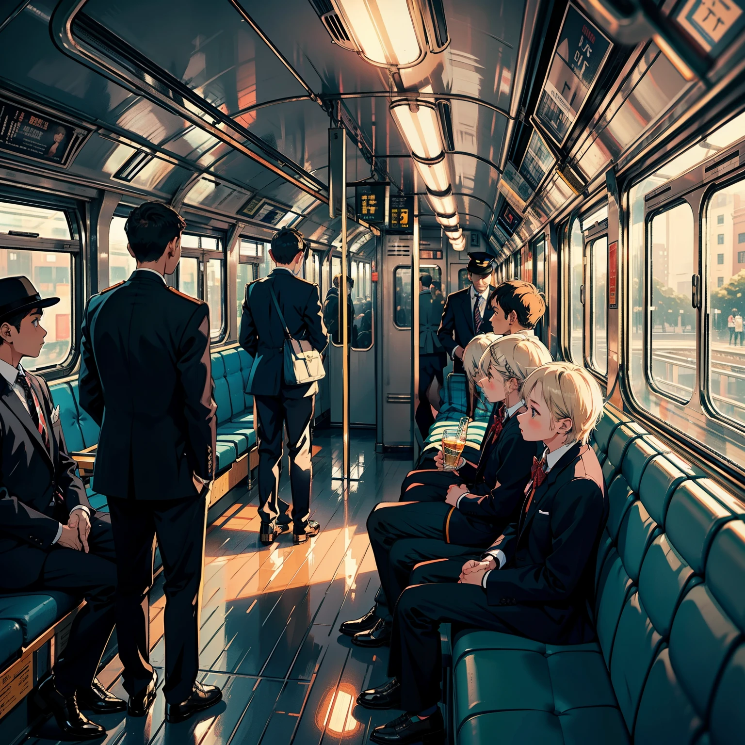 on the train carriage，maam，Wear casual attire，Boys wear suitaraway view，the night