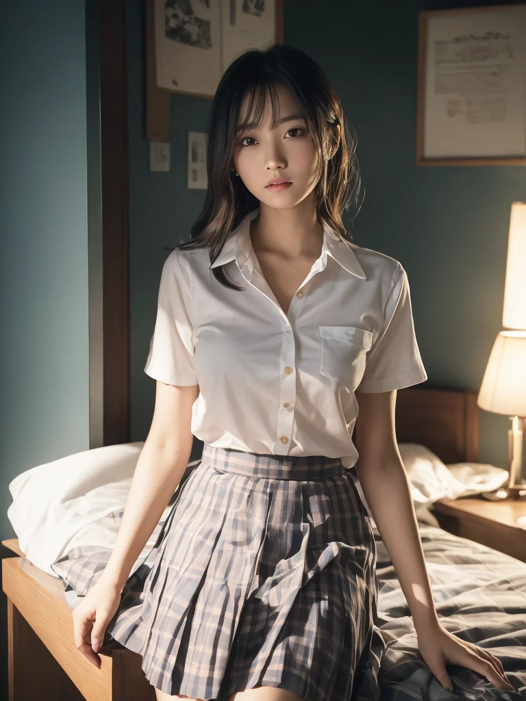 (in 8K、Raw photography, top-quality, high resolution:1.2)、(realisitic、photoRealstic:1.5)、1 girl、((20 years old))、japanese, solo, Beautiful woman , ((School Uniforms, checked skirt)),((Plump lips)),  {less mole}, ((short hair)), ((wavy hair)), detailed body, Cute and very detailed eyes, ((room at morning)), ((dark light)), dark illumination, (blue color shade), (cool lighting)