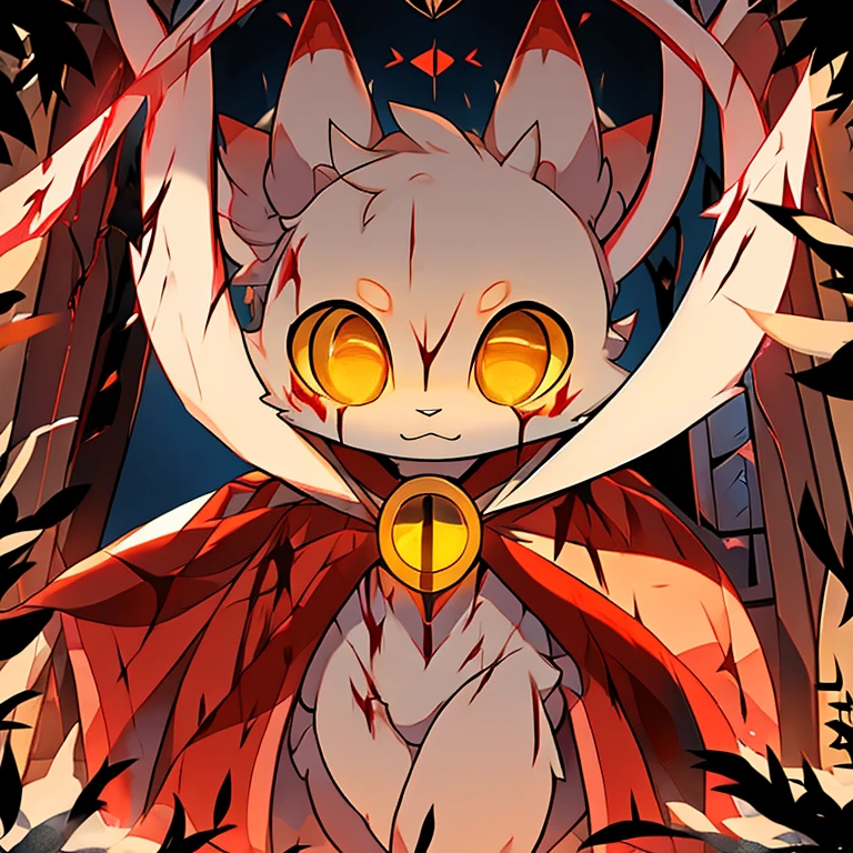 ( white bunny) fighting in the cold mountains ( white cloak with golden that have symbols) ( the door symbol star on the front middle) ( golden eyes) ( covered in blood) ( stab the person on the chest )