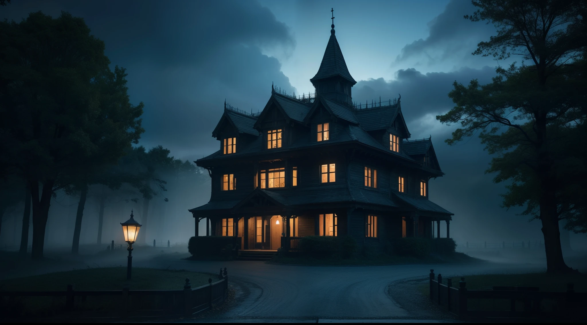 (best quality,4k,8k,highres,masterpiece:1.2),ultra-detailed,(realistic,photorealistic,photo-realistic:1.37),dark blue,night scene,scary haunted house,spooky,creepy,dark fantasy setting,Haunted Forest.