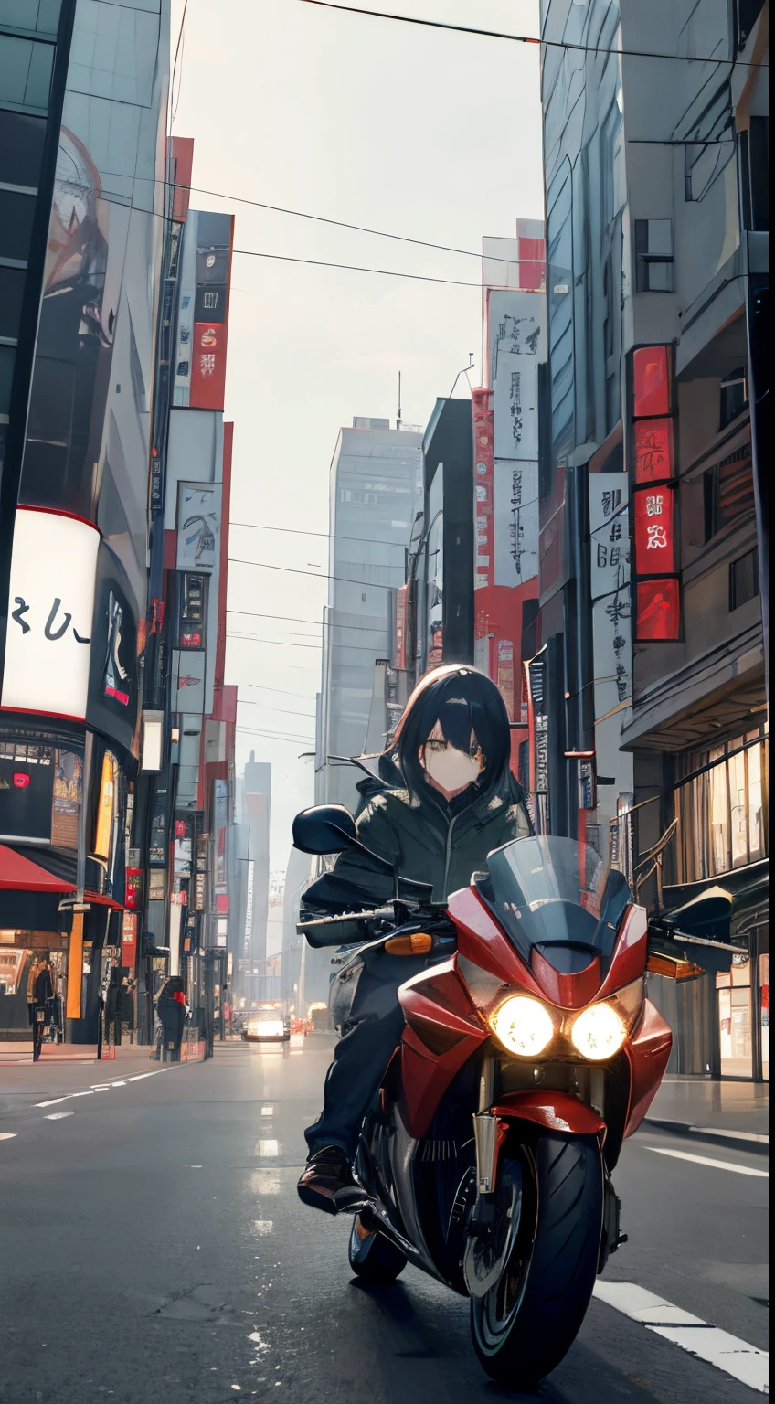 senju character, anime Tokyo revengers, Brahmin uniform clothing, that she is on a motorcycle in a city with large buildings and that the lights of the buildings are green so that they do not obscure the image much