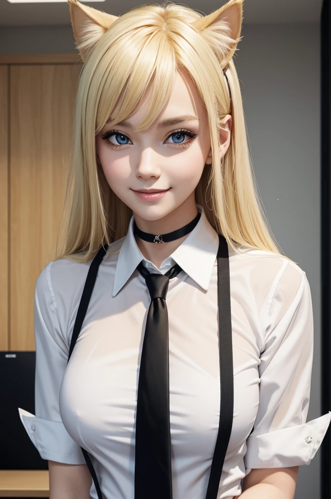 nsfw, masterpiece, (best quality:1.2), (sharp focus:1.2),, 1 girl, slim girl,, (blonde|light_yellow hair), cat ears,, detailed face, young|cute face, blush, evil smile,, natural breasts, thin arms,, white collared shirt with black tie, black choker,, in a modern office, indoor