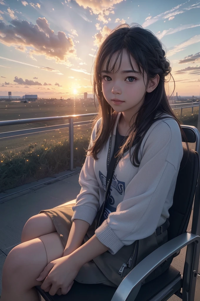 (8k, RAW photo, best quality, masterpiece:1.2),(realistic, photo-realistic:1.37), ((best quality)), ultra high res,extremely detailed CG unity 8k wallpaper, physically-based rendering,cinematic lighting,full body, (bokeh:1.4), (1boy), sit, watch sunset, warm sunset, beautiful sky, cloudy, airplane trails, view from far, from below