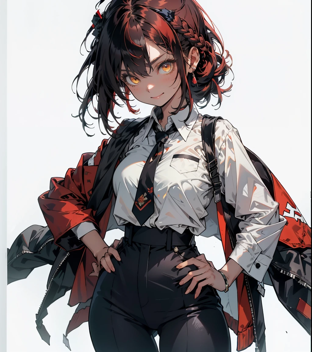 1 girl,long whitr hair,red colour,ninjartist,smog,makima\(Chainsaw man\), Smile, Long sleeves, Red hair, tiese, Large breasts, Solo, view the viewer, Thick thighs, hand on hips, Pants, Black pants, Yellow eyes, 1girll, White shirt, braidedponytail, ringed eyes, high-waist pants, shirt, Braid, shirt tucked in, Simple background, White background, black necktie, Collared shirt