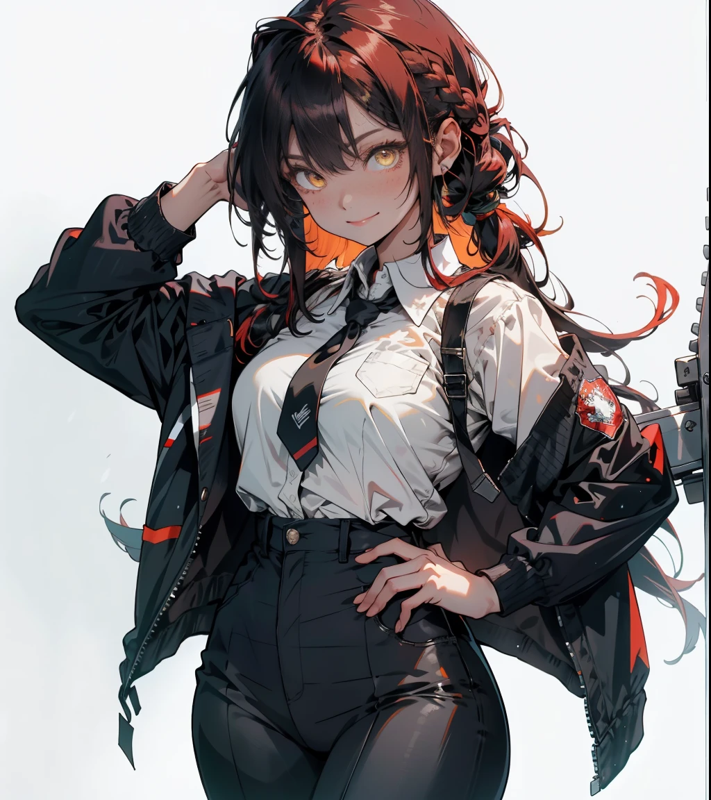 1 girl,long whitr hair,red colour,ninjartist,smog,makima\(Chainsaw man\), Smile, Long sleeves, Red hair, tiese, Large breasts, Solo, view the viewer, Thick thighs, hand on hips, Pants, Black pants, Yellow eyes, 1girll, White shirt, braidedponytail, ringed eyes, high-waist pants, shirt, Braid, shirt tucked in, Simple background, White background, black necktie, Collared shirt