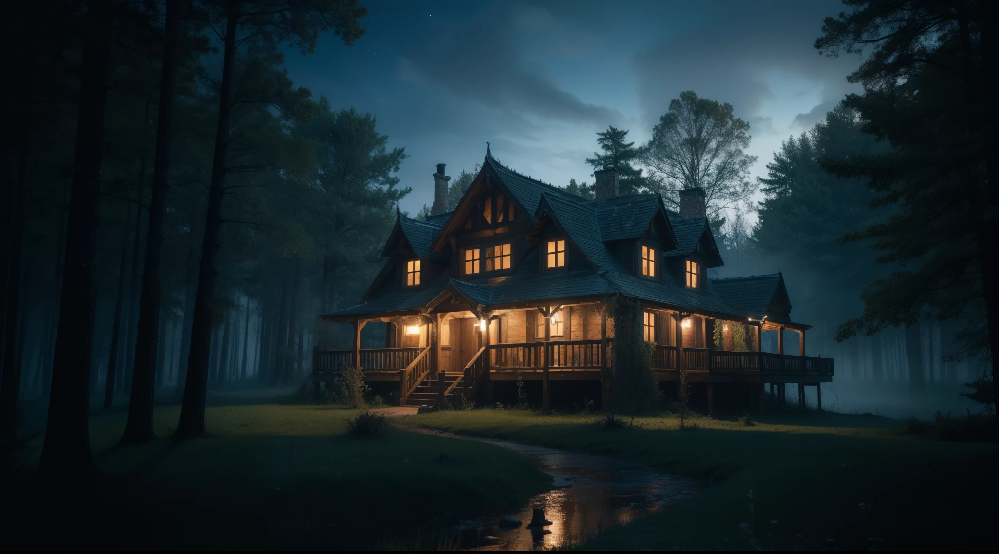 (best quality,4k,8k,highres,masterpiece:1.2),ultra-detailed,(realistic,photorealistic,photo-realistic:1.37),dark blue,night scene,scary haunted house,spooky,creepy,dark fantasy setting,treehouse,Haunted Forest,witch's house in the forest