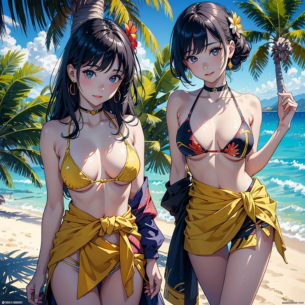​masterpiece、top-quality、超A high resolution、 [ 4 k digital art ]!!、 8k high quality detailed art、Wallpaper、 Detailed Digital Anime Art、Realisticity、Cinema Angle、hposing Gravure Idol、(Two beautiful girls))、cute  face、 (((Detailed depiction of a beautiful face)))、kindly smile、年轻、Bikini swimwear、Photorealistic perfect body、(Bold ethnic patterns wrapped around the waist and skirt and plenty of primary colors)、light Particle、llight rays、Tropical、Against the background of palm trees on both sides、on a sunny beach、Against the background of the sea、blur backgroun、