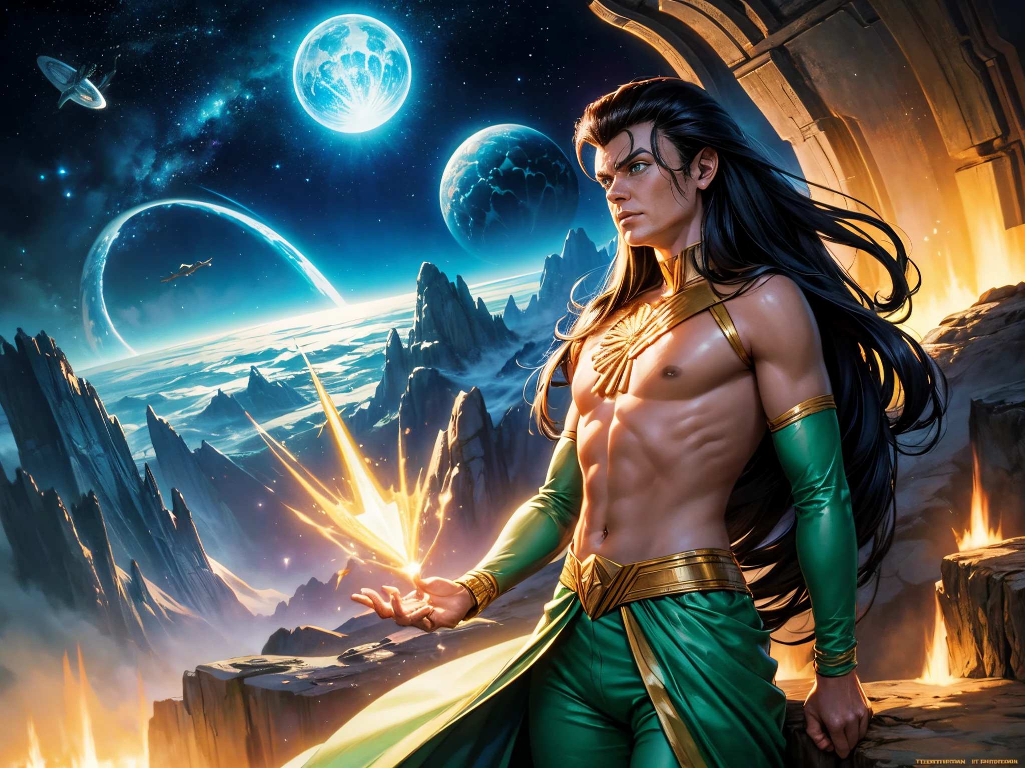 Transform the "Star Trek: The Next Generation" universe into a high-fantasy realm, complete with mythical creatures, enchanted planets, and epic quests. Look to fantasy artists like Roger Dean or Frank Frazetta.