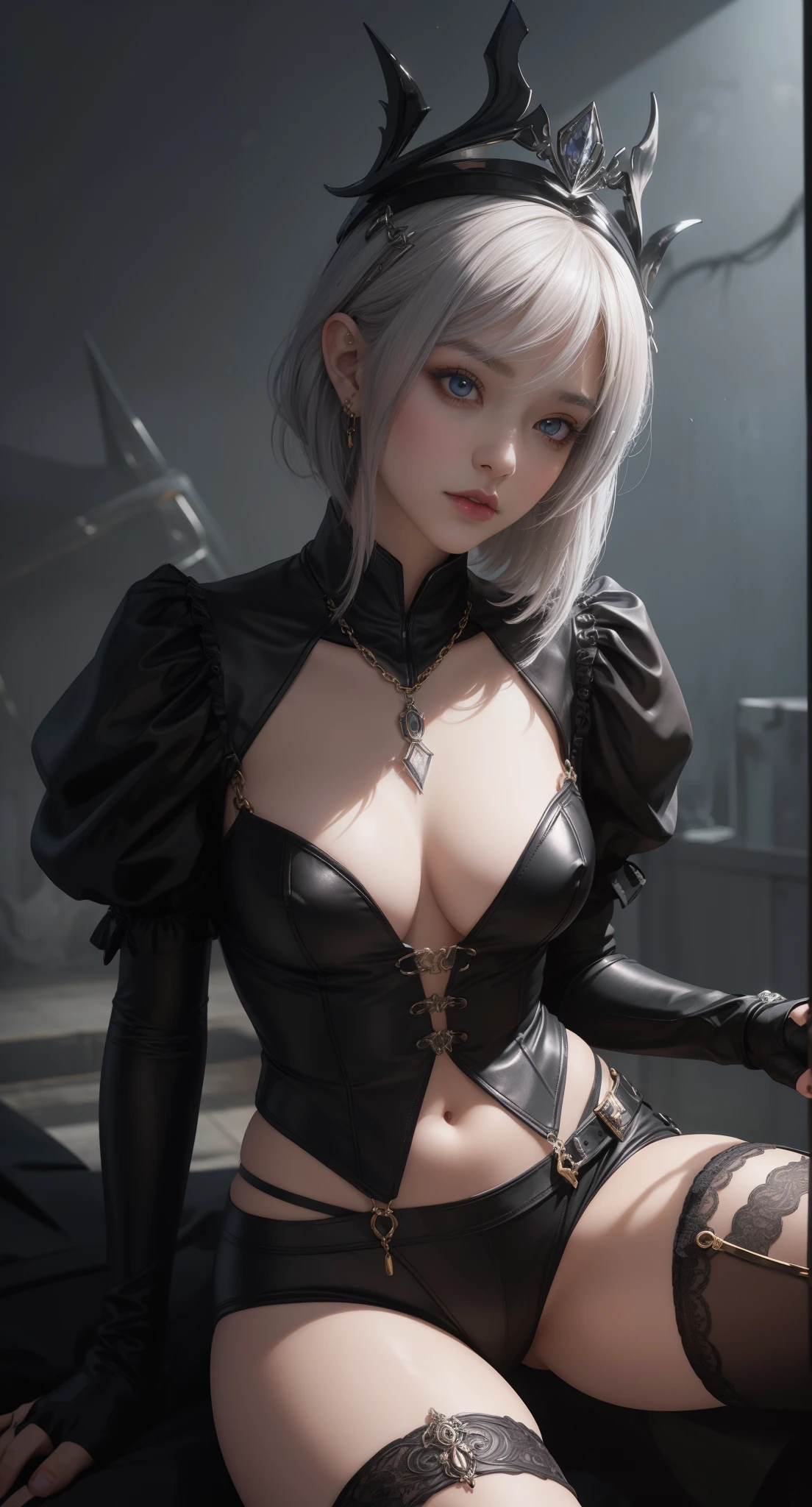 tmasterpiece，Highest image quality，Beautiful bust of a dark elf girl，Dark elf silver short hair style，Transparent gold eyeball chain，锁链，Leather hooded garter stockings，high heels boots，Ultra-detailed details，advanced。At the Pixiv Art Station，Break your own power，The kinky  exposed，R-18G