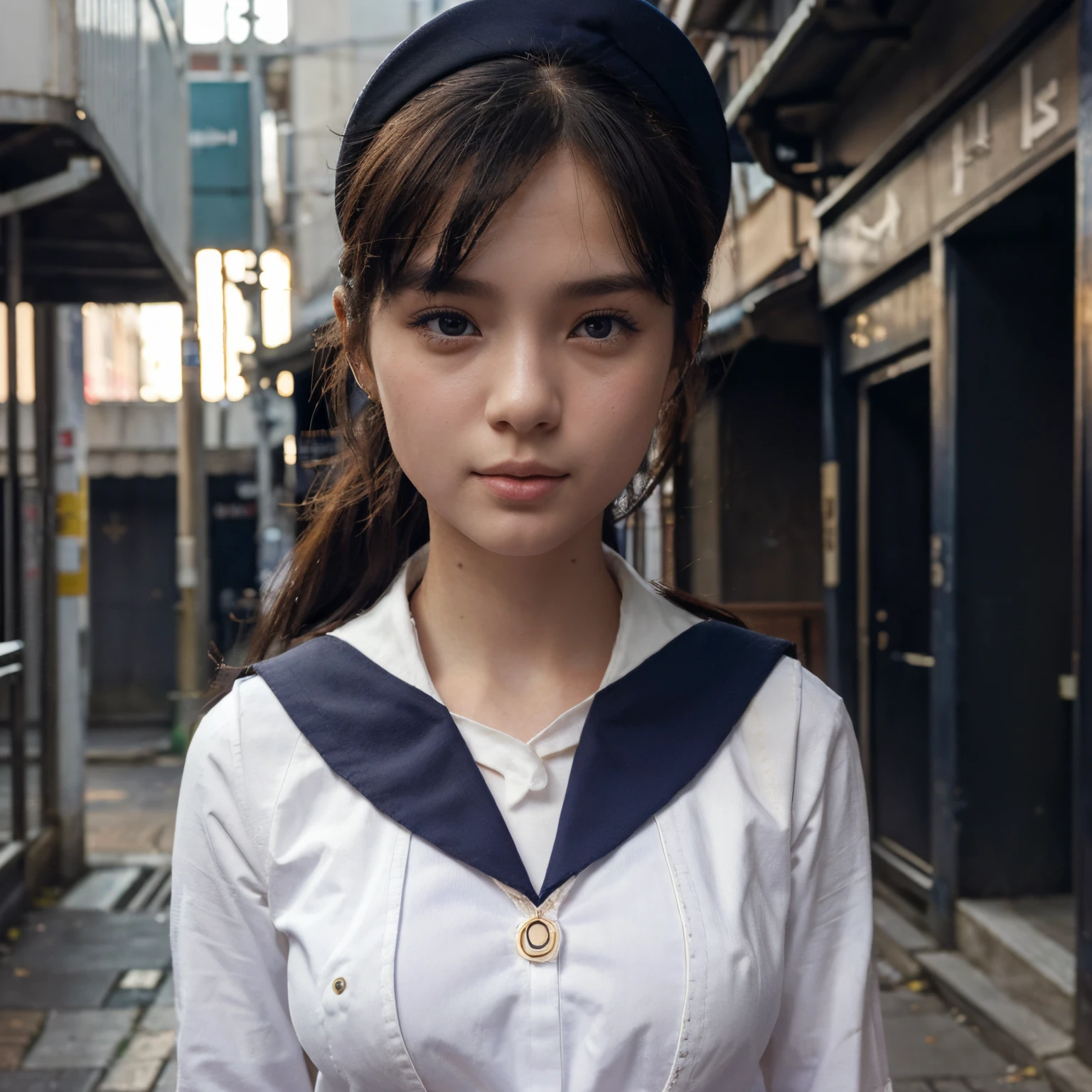 1girl,(wearing a sailor uniform:1.4),(at an alley in Shibuya city center),(RAW photo, best quality), (realistic, photo-realistic:1.4), masterpiece, an extremely delicate and beautiful, extremely detailed, 2k wallpaper, Amazing, finely detail, extremely detailed CG unity 8k wallpaper, ultra-detailed,