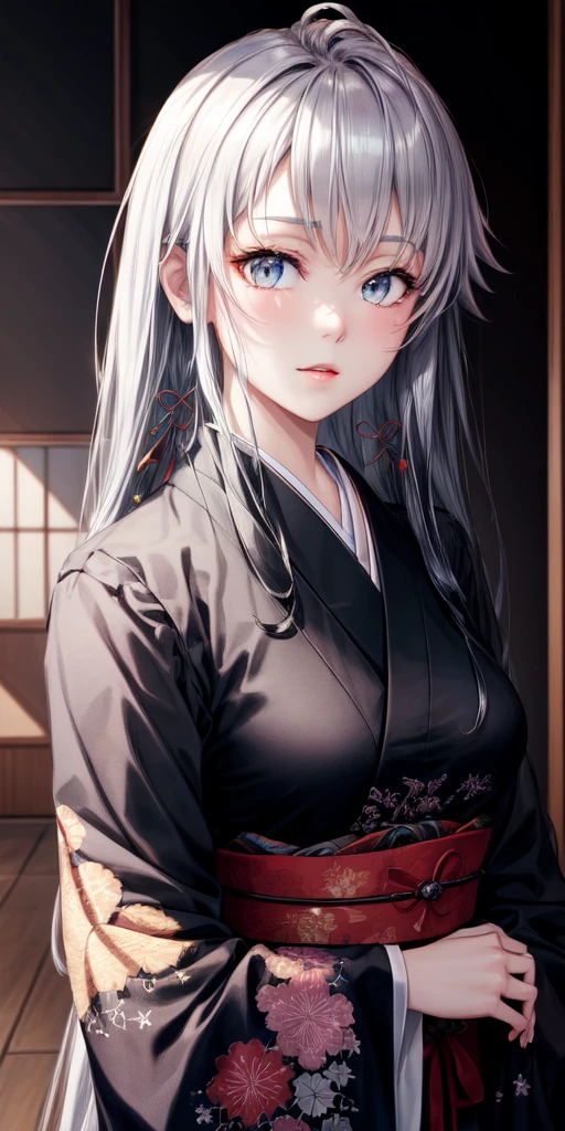 Black hair, hair ornament, (((jet black very long hair))), japanese clothes, professional artwork, Intricate Details, field of view, sharp focus, detailed painting, photorealistic lighting, trending on pixiv, Standing at attention, ((large breasts:1,3)), Beautiful body,Beautiful Nose,Beautiful character design, black hair, perfect eyes, perfect face, looking at viewer, SFW,official art,extremely detailed CG unity 8k wallpaper, perfect lighting,Colorful, Bright_Front_face_Lightinasterpiece:1.0),(best_quality:1.0), ultra high res,4K,ultra-detailed, photography, 8K, HDR, highres, absurdres:1.2, Kodak portra 400, film grain, blurry background, bokeh:1.2, lens flare, (vibrant_color:1.2), shikkoku_yorihime, (seductive look), ((looking at viewer, front body pose)), emphasize the beautifulness of tight