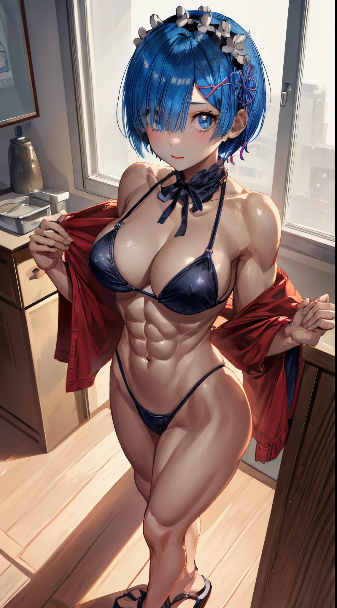 Looking at me, in the motel room, Rem_re_zero, blue hair, short hair, very short and sexy bikini), hair ornament, cleavage, ribbon, muscular legs, muscular belly, (full body photo), eye reflection, glowing eyes, anime, anime style, cinematic lighting, ray tracing, panorama, Sony FE, UHD, retina, masterpiece, ccurate, anatomically correct, super detail, high details, high quality, highres, HD, 16k