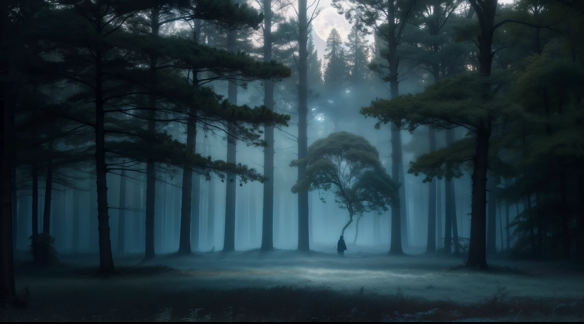 (best quality,4k,8k,highres,masterpiece:1.2),ultra-detailed,(realistic,photorealistic,photo-realistic:1.37), HDR, UHD, studio lighting, extreme detail description, professional, vivid colors, bokeh, dark and vibrant colors, intense darkness, eerie and dramatic atmosphere, moonlit forest clearing at night, mysterious and foreboding, vibrant and dynamic scene, realistic rendering, detailed tree trunks and branches, dense and shadowy foliage, misty air, moonlight shining through the trees, soft and diffused light, chilling and haunting ambiance, a solitary figure standing in the clearing, looking towards the moon, dressed in dark cloak, glowing eyes piercing the darkness, branches reaching out like gnarled fingers, a sense of anticipation and unease in the air, an otherworldly presence lurking in the shadows, a feeling of being enveloped by the night, a scene that captivates and transports the viewer.
