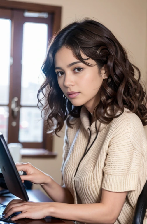 Uma mulher com um corponormal com 35 anos, curly hair, Brown skin, 1 mulher trabalhando de casa, working remotely, roupas feias, hood