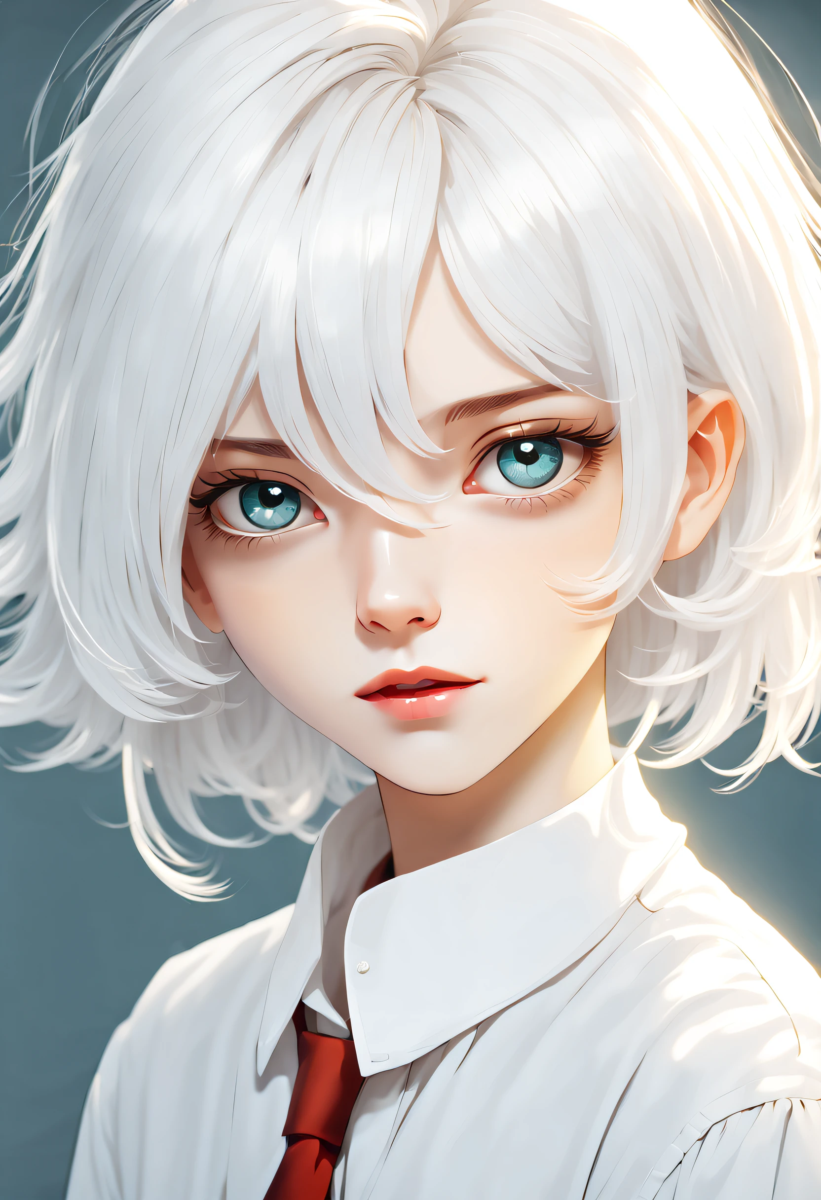 boy, white color hair, White color blouse, pretty  face, first person perspective, Best quality at best, high detal