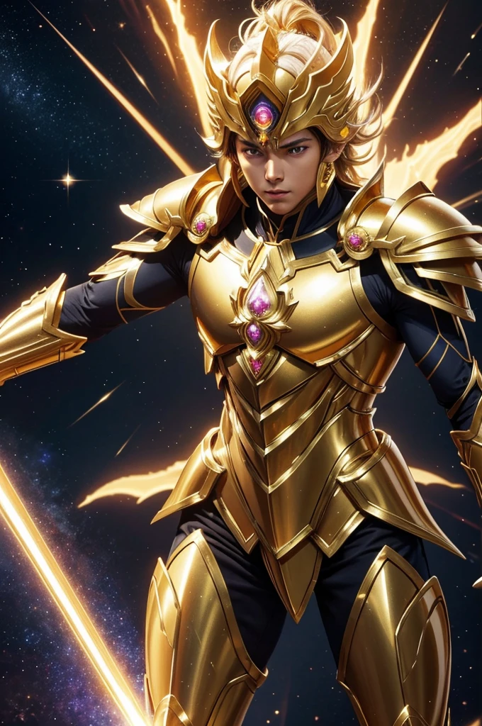 Saint Seiya,Gold Armor,movie light,ralistic,highly detailed,bright, universe, nebula, detailed, hyper realistic, clean background trending, bright background, high on details,8k --niji 5 --style expressive --s 400