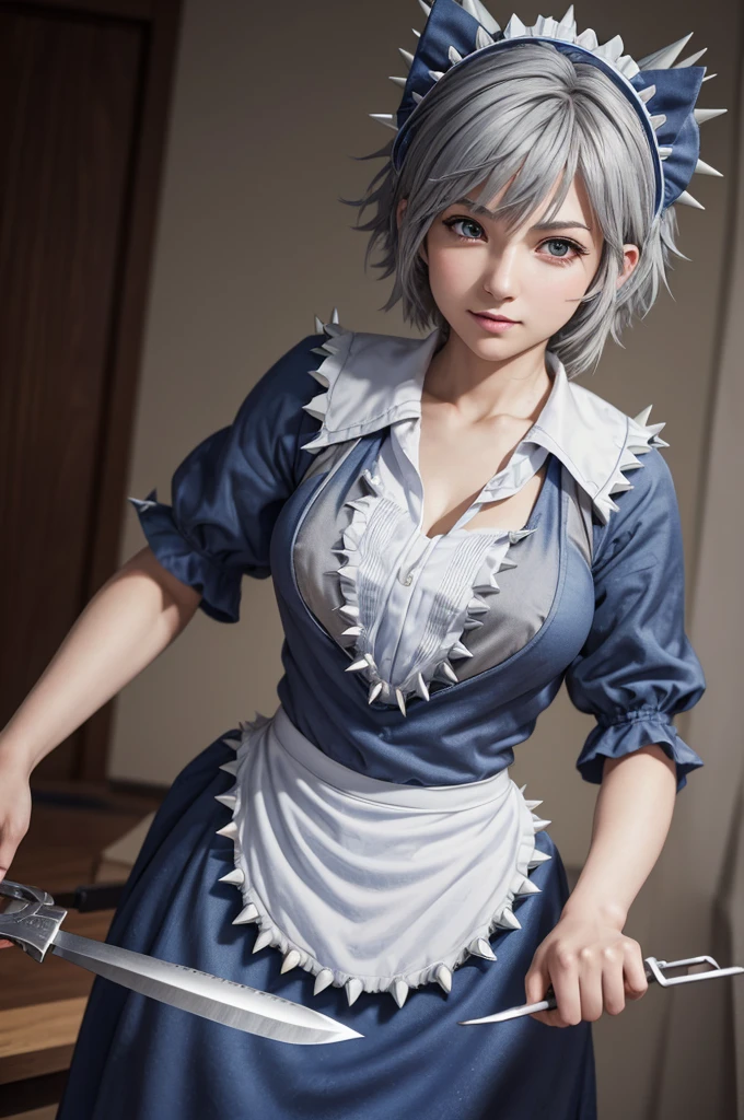 ((16 Nights Sakiya)), ((Touhou Project)), Cosplay, 20-year-old woman, (((gray hair)), ((medium spiky hair)), ((blue maid outfit)), ((white blouse)), midchest, (light)))), (pose))), (photorealistic photo: 1.3), rim lighting, (high detail skin:1.2), 8K UHD, dslr, high quality, high resolution, 4K, 8K, Bokeh, Absurdity, Best ratio four fingers and one thumb, (Real:1.3), Cutest 1 Girl, Lots of Knives