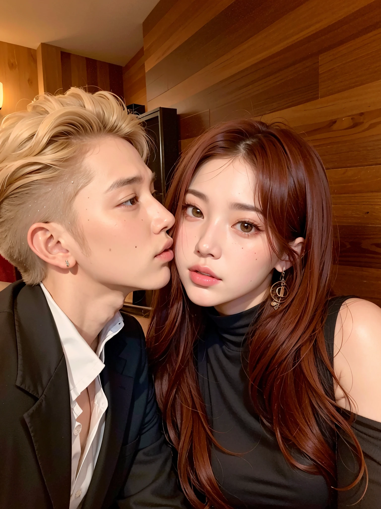 mujer araffada con cabello rojo y un hombre con cabello blanco, Cai Xukun, Nixeu y Sakimichan, KDA y Sam Yang, Taejune Kim, Jimin\labios regordetes, con hiedra, Jossi de Blackpink, JIA, kissing together cutely, they are close to each other, foto de perfil, they are in love, Pose de pareja