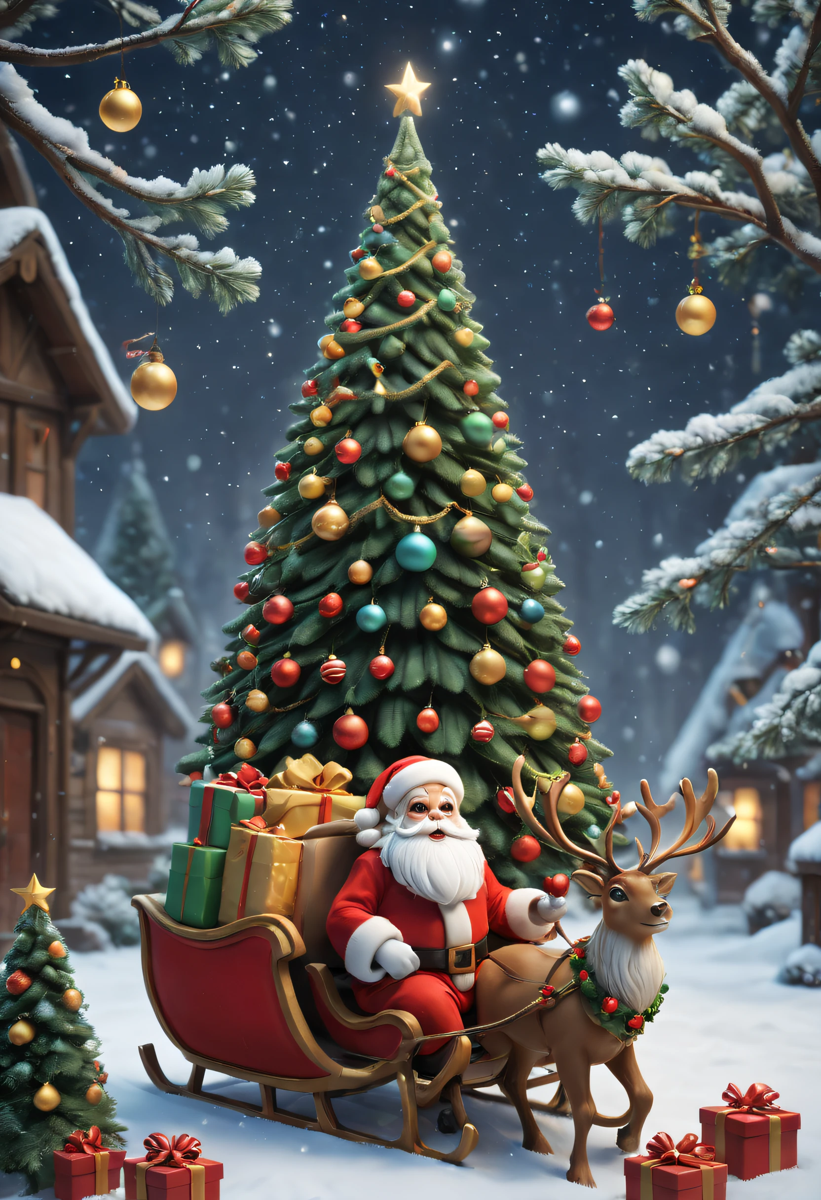 christmas, natta, starrysky, Duan, Yuki, Santa Claus riding a sleigh pulled by reindeer, Sleigh filled with Christmas gifts, Christmas tree, bell, Christmas balls, pedestrians, reindeer, sled, 3D blind box, Bubble Mart, Christmas poster design, Fantastic and magical,