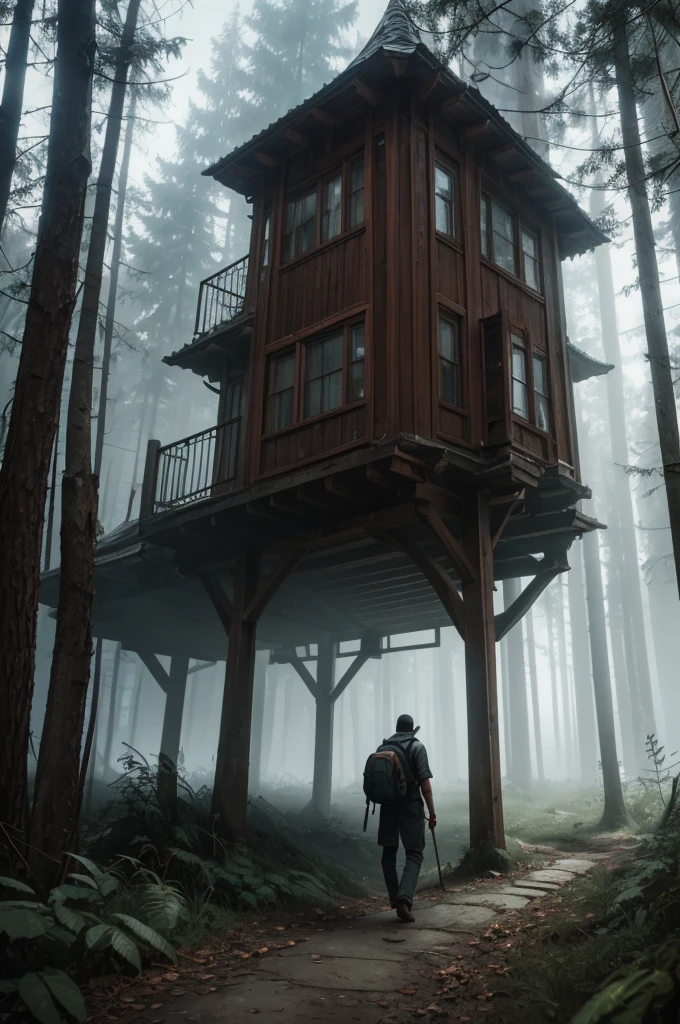 there is a solo man walking in the woods with a backpack, old house, stefan koidl inspired, bussiere rutkowski andreas rocha, by maxim verehin, inspired by maxim verehin, inspired by Tomasz Jedruszek, dark cinematic concept art, eerie nostalgic concept art, inspired by Igor Kieryluk, inspired by Ismail Inceoglu
