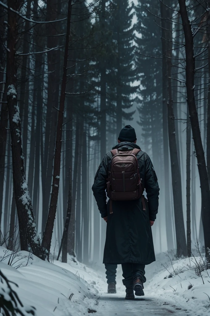 there is a solo man walking in the woods with a backpack, old house, stefan koidl inspired, bussiere rutkowski andreas rocha, by maxim verehin, inspired by maxim verehin, inspired by Tomasz Jedruszek, dark cinematic concept art, eerie nostalgic concept art, inspired by Igor Kieryluk, inspired by Ismail Inceoglu