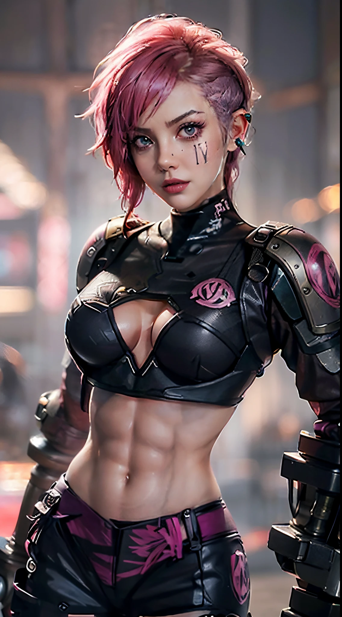 punky style，Six、，league of legend，tightsuit，pink short hair，，busty figure，Realisticstyle，Soft natural light，DOCUMENTARY MOVIE，Best quality，8K，dingdall effect，Cinematic texture，filmgrain，professional photoshooting，sixpack abs，strong muscle，Hextech，Facial tattoos，There are tattoos on the face