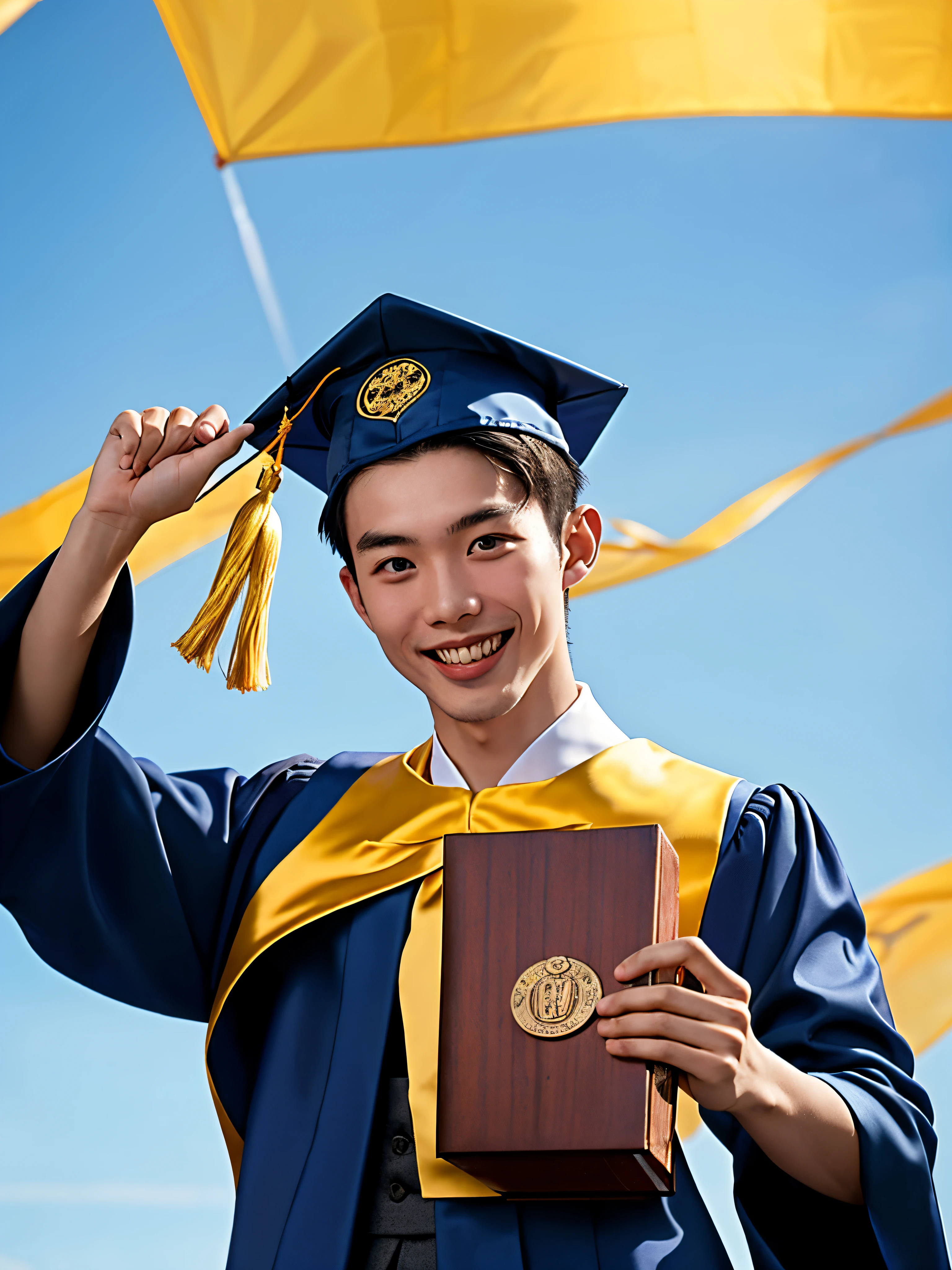 Generate an image of a 20-year-old Vietnamese guy individual wearing a bachelor's gown in a vibrant shade of blue, complete with the academic cap. The person should be captured in a studio setting, exuding a scholarly and celebratory atmosphere. Emphasize a wide, joyful smile to convey a sense of accomplishment and enthusiasm. Ensure that the image reflects the intellectual and educational milestone, portraying a proud and confident graduate ready to embark on new endeavors. Optimize for clarity, realistic details, and a composition that highlights the academic essence of the moment.