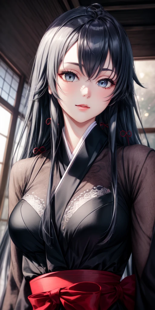 hair ornament, jet black very long hair, japanese clothes, professional artwork, Intricate Details, field of view, sharp focus, detailed painting, photorealistic lighting, trending on pixiv, Standing at attention, ((large breasts:1,3)), Beautiful body,Beautiful Nose,Beautiful character design, perfect eyes, perfect face, looking at viewer, SFW,official art,extremely detailed CG unity 8k wallpaper, perfect lighting,Colorful, Bright_Front_face_Lightinasterpiece:1.0),(best_quality:1.0), ultra high res,4K,ultra-detailed, ((black hair)), photography, 8K, HDR, highres, absurdres:1.2, Kodak portra 400, film grain, blurry background, bokeh:1.2, lens flare, (vibrant_color:1.2), shikkoku_yorihime, (seductive look), ((looking at viewer, front body pose)), ((black hair))