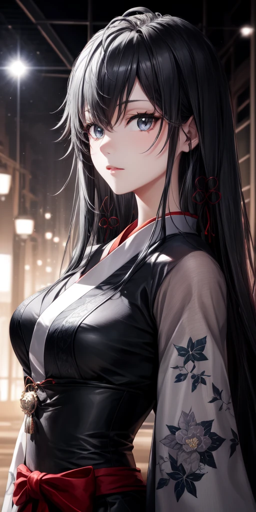 hair ornament, jet black very long hair, japanese clothes, professional artwork, Intricate Details, field of view, sharp focus, detailed painting, photorealistic lighting, trending on pixiv, Standing at attention, ((large breasts:1,3)), Beautiful body,Beautiful Nose,Beautiful character design, perfect eyes, perfect face, looking at viewer, SFW,official art,extremely detailed CG unity 8k wallpaper, perfect lighting,Colorful, Bright_Front_face_Lightinasterpiece:1.0),(best_quality:1.0), ultra high res,4K,ultra-detailed, ((black hair)), photography, 8K, HDR, highres, absurdres:1.2, Kodak portra 400, film grain, blurry background, bokeh:1.2, lens flare, (vibrant_color:1.2), shikkoku_yorihime, (seductive look), ((looking at viewer, front body pose)), ((black hair))
