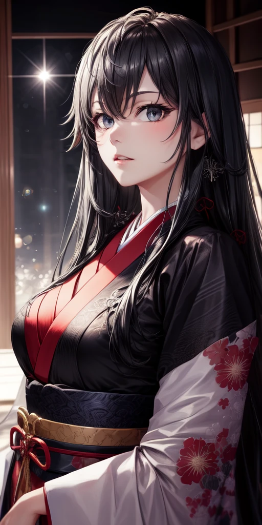 hair ornament, jet black very long hair, japanese clothes, professional artwork, Intricate Details, field of view, sharp focus, detailed painting, photorealistic lighting, trending on pixiv, Standing at attention, ((large breasts:1,3)), Beautiful body,Beautiful Nose,Beautiful character design, perfect eyes, perfect face, looking at viewer, SFW,official art,extremely detailed CG unity 8k wallpaper, perfect lighting,Colorful, Bright_Front_face_Lightinasterpiece:1.0),(best_quality:1.0), ultra high res,4K,ultra-detailed, ((black hair)), photography, 8K, HDR, highres, absurdres:1.2, Kodak portra 400, film grain, blurry background, bokeh:1.2, lens flare, (vibrant_color:1.2), shikkoku_yorihime, (seductive look), ((looking at viewer, front body pose)), ((black hair))