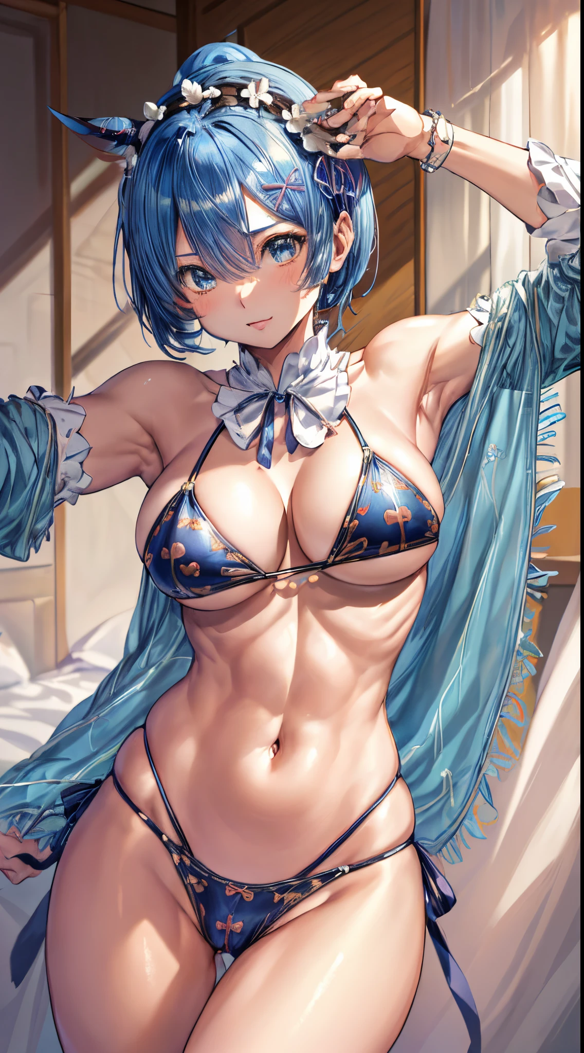 Looking at me, in the motel room, Rem_re_zero, blue hair, short hair, ), (very short and sexy bikini), doing a sexy pose, hair ornament, cleavage, ribbon, muscular legs, muscular belly, (photo by full body), eye reflection, glowing eyes, anime, anime style, cinematic lighting, ray tracing, panorama, Sony FE, UHD, retina, masterpiece, ccurate, anatomically correct, super detail, high details, high quality, highres, HD, 16k