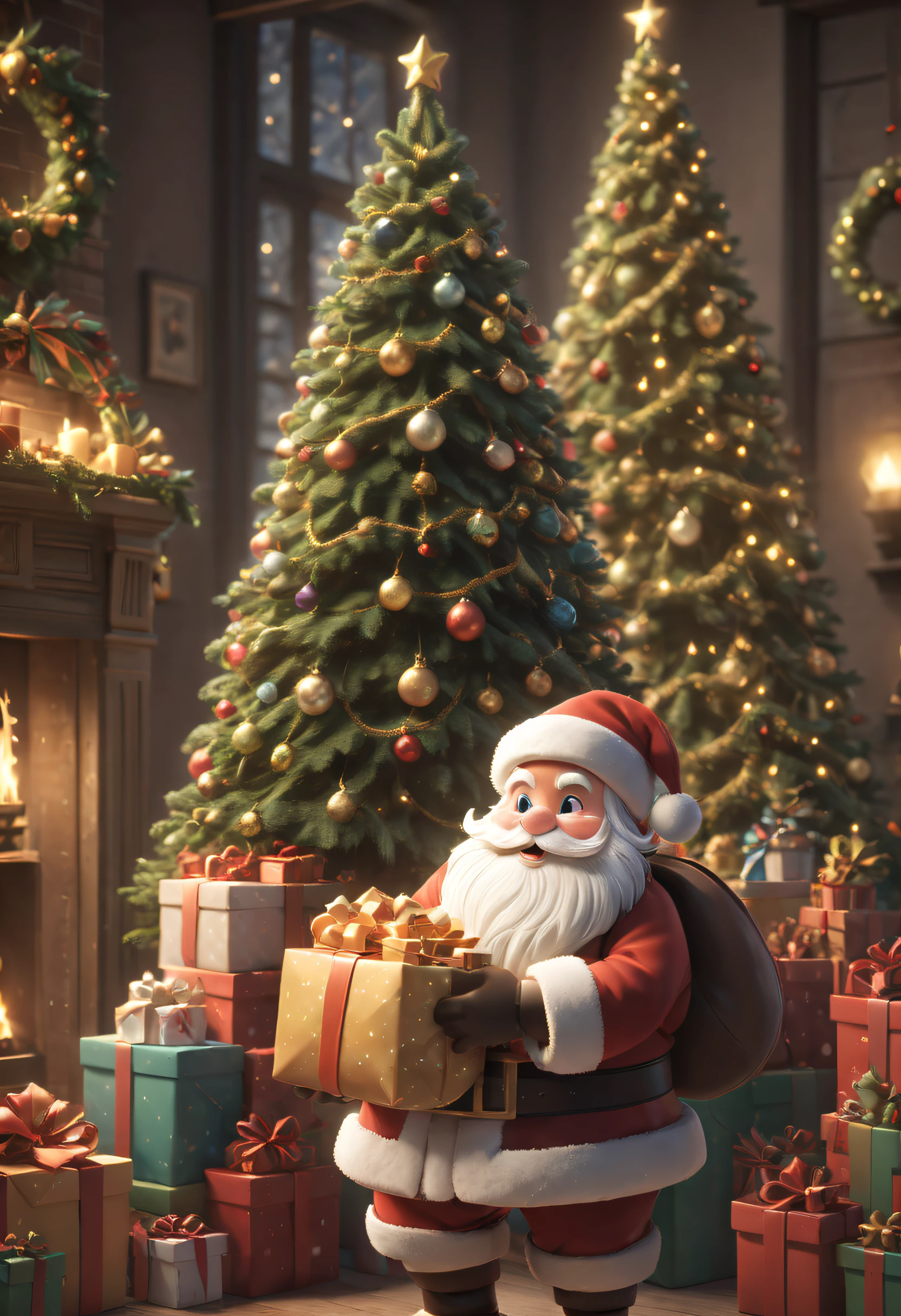 Disney  style, christmas, 1 elderly person, ssmile, Carrying a big bag, santa, full bodyesbian, Clay material isometric, 3Drenderingof, bright and bright! Cute girly style, white backgrounid, Use light and color realistically, soft gradient, Nintendo Trend, The finest details, k hd, A high resolution, hyper qualit, hyper HD, 8K, super detailing