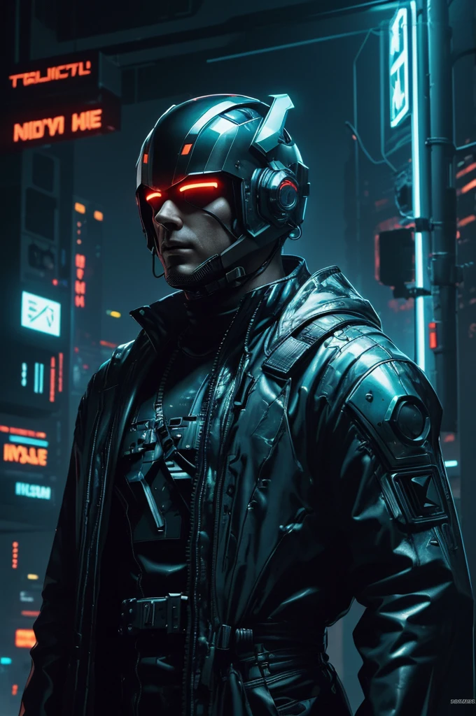 (best quality:1.3), (best performance:1.2), (best illustration:1.2), (Comic style:1.2), (artistic cinematic lighting:1.2) (1man) wearing futuristic electronic robes Cyberpunk technological, his body is covered by metallic parts, in a cinematic horror movie background in a futuristic Cyberpunk city, (wearing a technological electronic helmet:1.2)