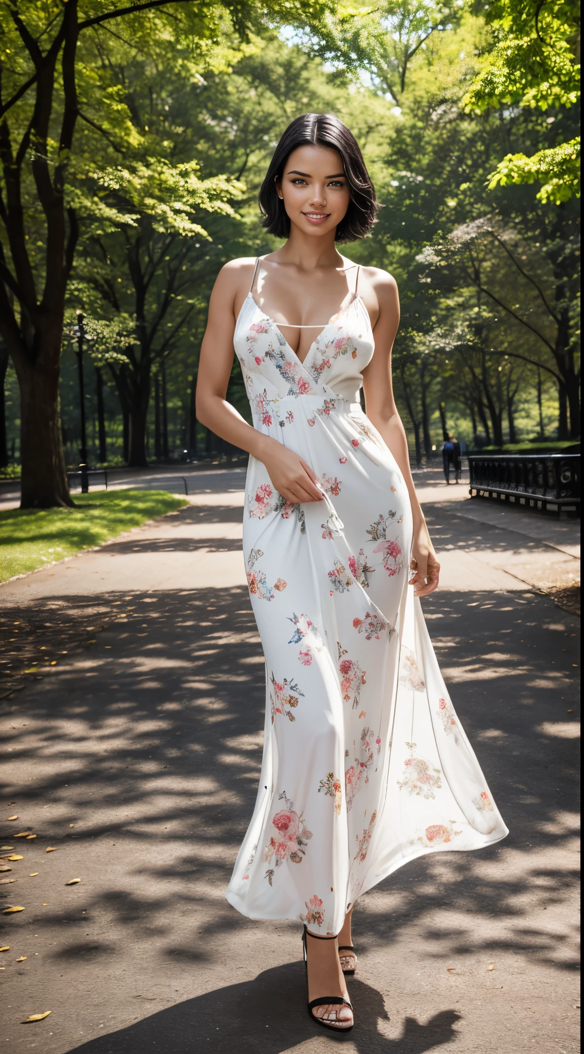 Foto hiperrealista en primer plano de Willa Fitzgerald, masterpiece, best quality, (photorealistic:1.4), full body, (white maxi fall loose floral dress:1.1), heels, in the New York Central Park, sunny day, cinematic light, beautiful woman, skinny, small breasts, straight brown hair, detailed face, smile, photo taken from a distance, age 20 tears old