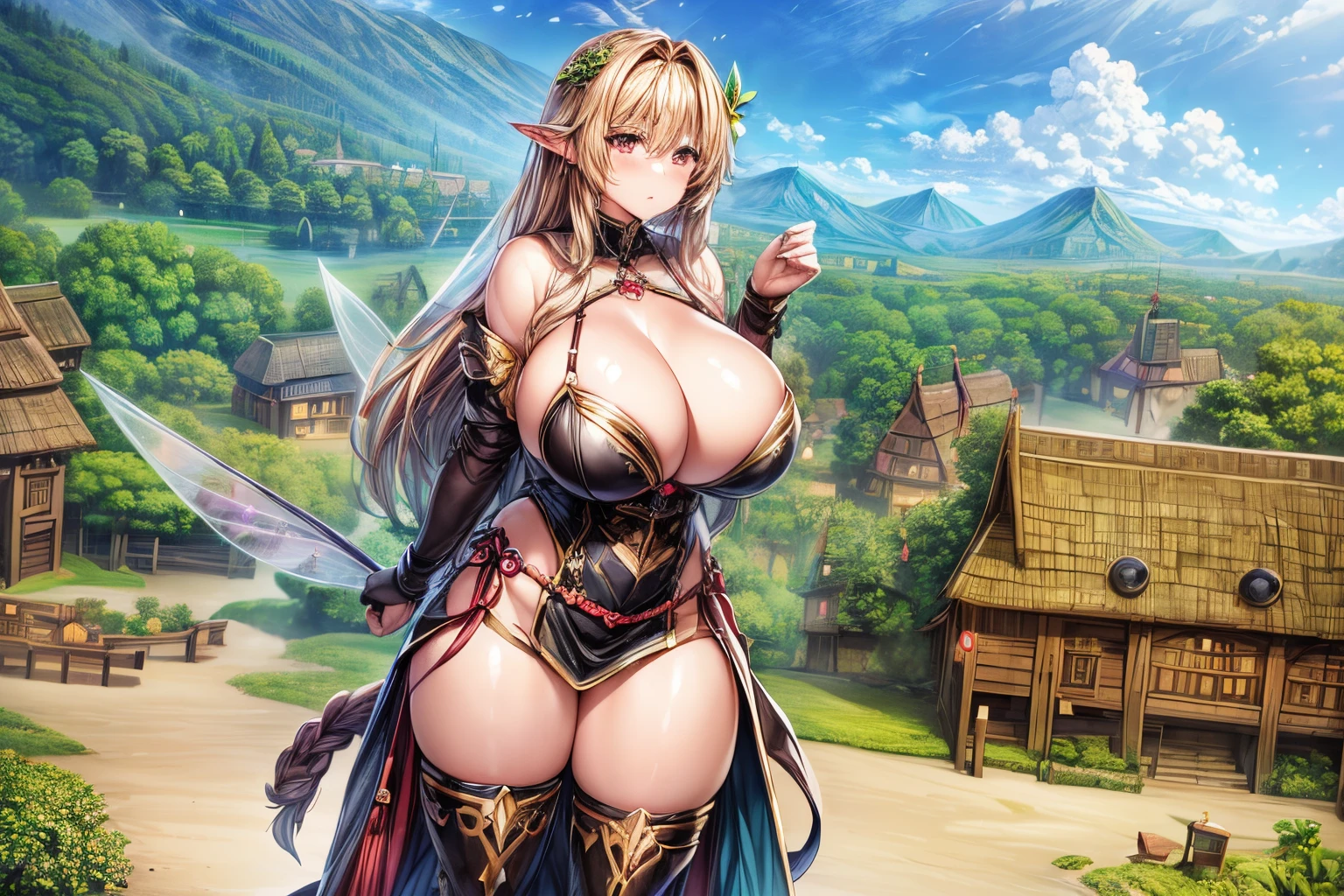 3 Amazons are standing, (background is a fairy village:1.3), full body shot, gigantic breasts, cleavage, giga_busty
