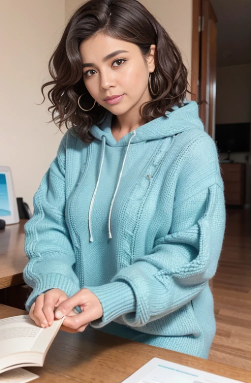 Close up Photo, Uma mulher com um corponormal com 35 anos, curly hair, Brown skin, 1 mulher trabalhando de casa, working remotely, roupas feias, fazendo frio, hood, home office ao fundo.