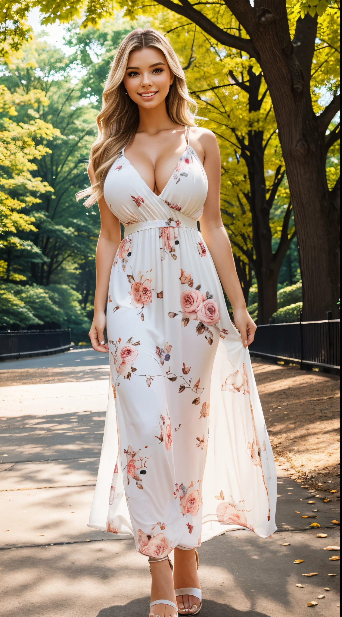 Foto hiperrealista en primer plano de Emily Sears, masterpiece, best quality, (photorealistic:1.4), full body, (white maxi fall loose floral dress:1.1), heels, in the New York Central Park, sunny day,, cinematic light, beautiful woman, skinny, large big breasts, straight blond hair, detailed face, smile, facing the camera, photo taken from a distance, age of 20 years old,