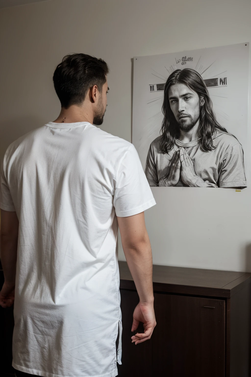 pencile color drawing style,a man stand in front of jesus icon,man's,jesus icon on wall in room , the man pray in front of icon,line art ,paint