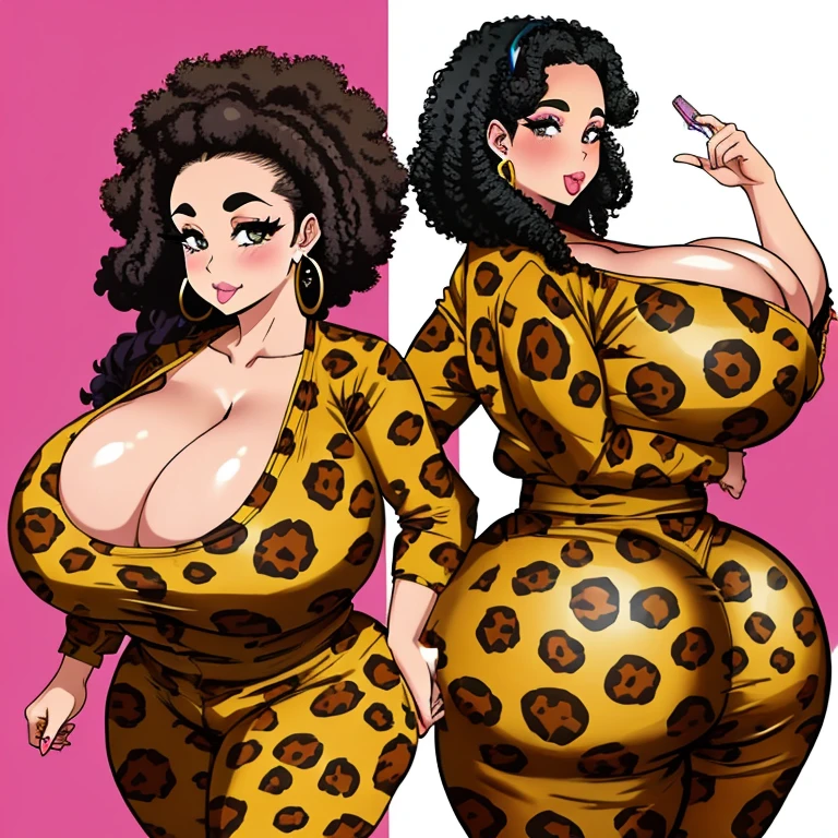 eye glass、afro、Curly hair、Forehead、thick eyebrow、bbw、fatness、Colossal tits、gargantuan butt、SSBBW、large earring、Thick lip、leopard print jumpsuit、Body View